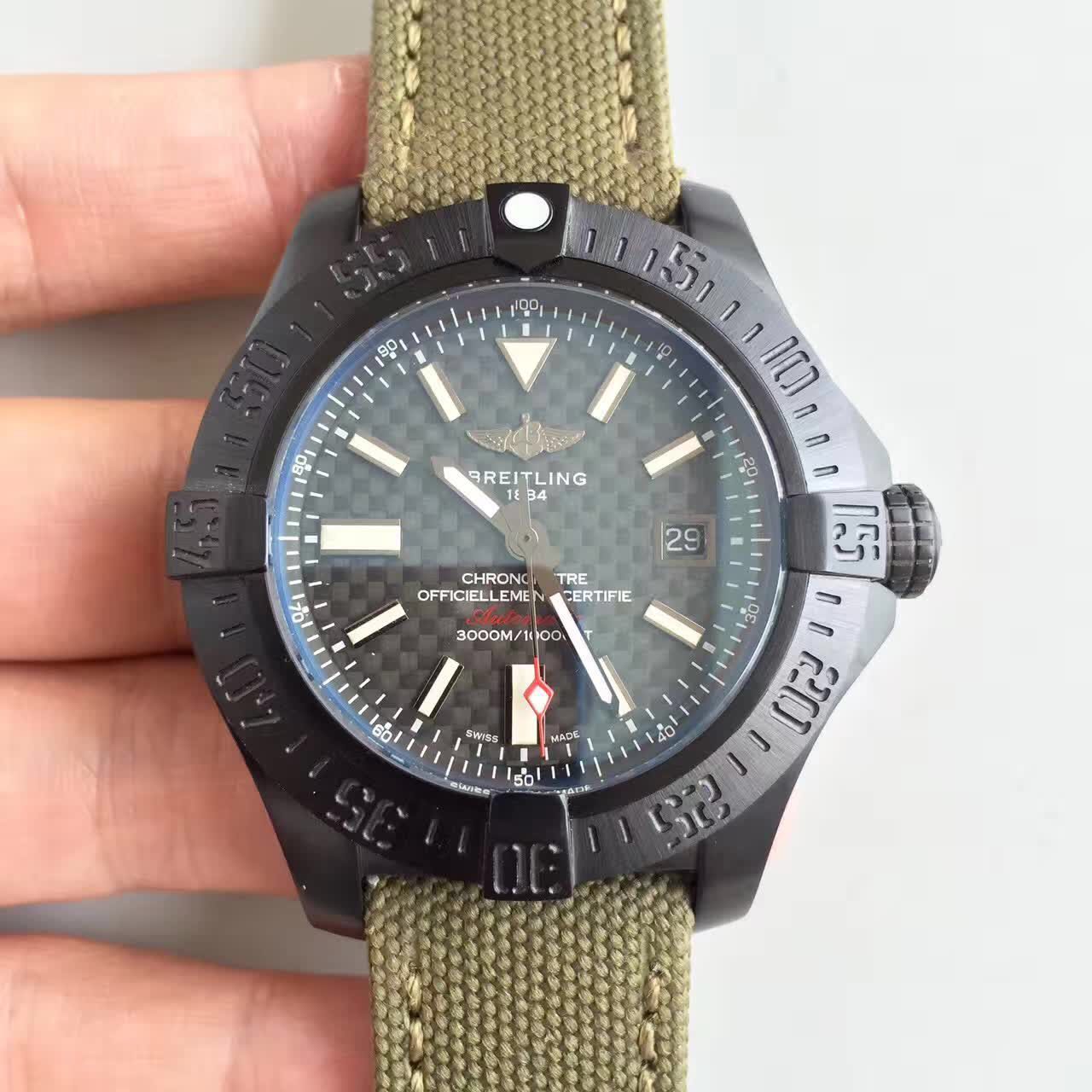 BL공장 브라이틀링 어벤져2 씨울프 블랙 PVD 카본다이얼 Breitling Avenger2 SeaWolf Black PVD Carbone Dial 올리브스트랩