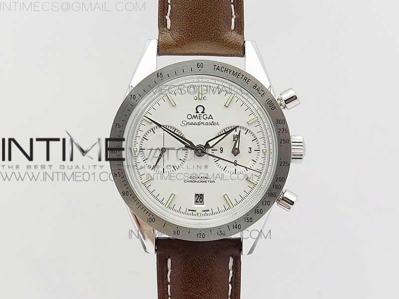 OM공장 오메가 스피드마스터57 스틸 화이트다이얼 브라운가죽스트랩 SPEEDMASTER '57 CO-AXIAL WHITE DIAL SILVER MARKERS ON BROWN LEATHER STRAP A9300 (FREE THE LEATHER STRAP)