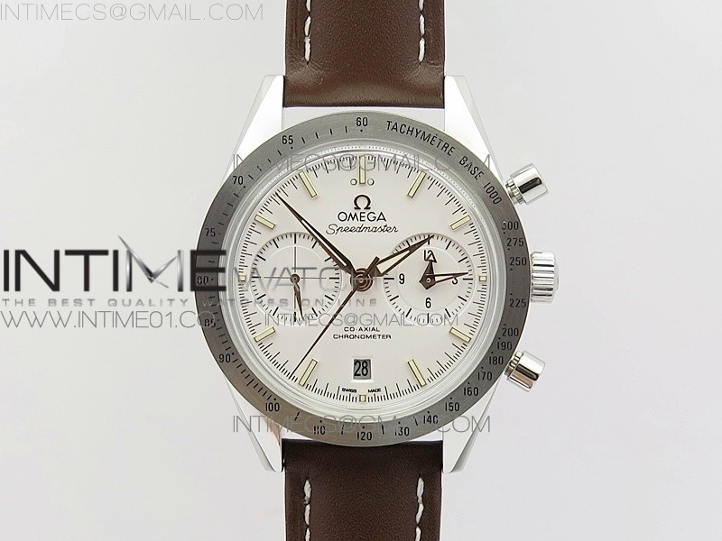 OM공장 오메가 스피드마스터57 스틸 화이트다이얼 로즈골드인덱스 브라운가죽스트랩 SPEEDMASTER '57 CO-AXIAL WHITE DIAL RG MARKERS ON BROWN LEATHER STRAP A9300 (FREE THE LEATHER STRAP)