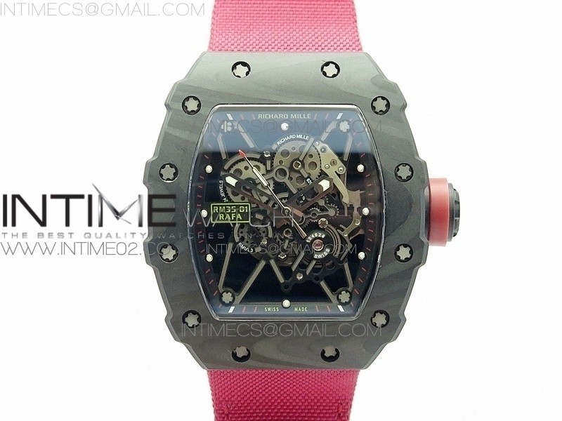 KV V2 리차드밀 RM035-01 카본 레드크라운 레드나일론스트랩 RM035-01 FORGED CARBON CASE V2 SKELETON DIAL RED CROWN ON RED NYLON STRAP MIYOTA8215