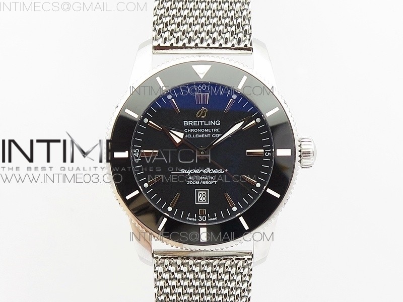 브라이틀링 슈퍼오션 헤리티지 스틸 블랙다이얼 블랙세라믹베젤 매쉬밴드 SUPER OCEAN HERITAGE BLACK CERAMIC BEZEL SS BLACK DIAL ON SS BRACELET A2824