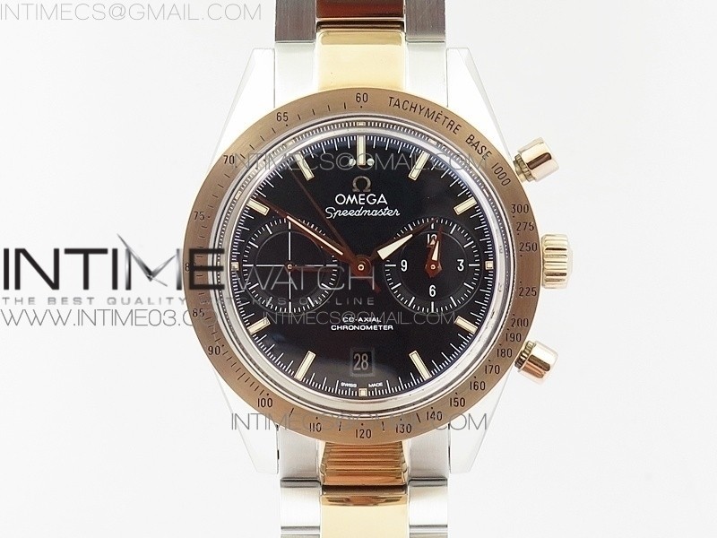 OM공장 오메가 스피드마스터57 코엑시얼 블랙다이얼 로즈골드콤비 브레이슬릿 SPEEDMASTER '57 CO-AXIAL RG/SS BLACK DIAL WHITE MARKERS ON RG/SS BRACELET A9300 (FREE LEATHER STRAP)