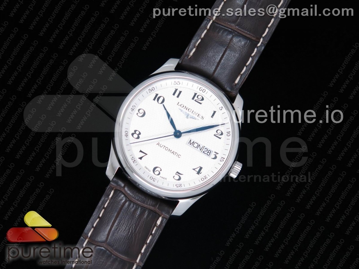 JF공장 v3 론진 마스터 데이데이트 스틸 화이트다이얼 브라운가죽스트랩 Master Day Date SS White Textured Dial on Brown Leather Strap A2836 V3