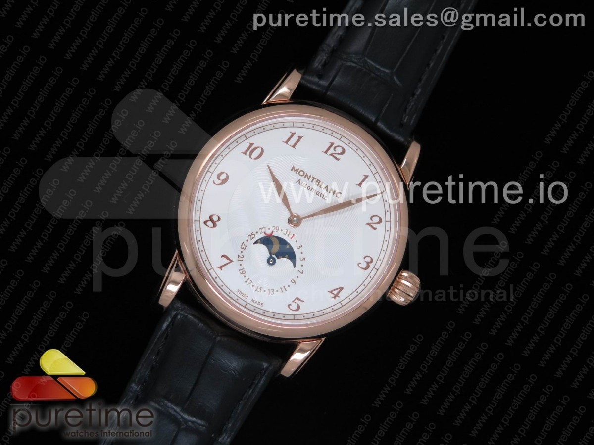 몽블랑 스타레거시 썬앤문 로즈골드금장 화이트다이얼 골드인덱스 가죽스트랩 Star Legacy Moonphase 42 mm RG White Dial Gold Markers on Black Leather Strap MIYOTA 9015