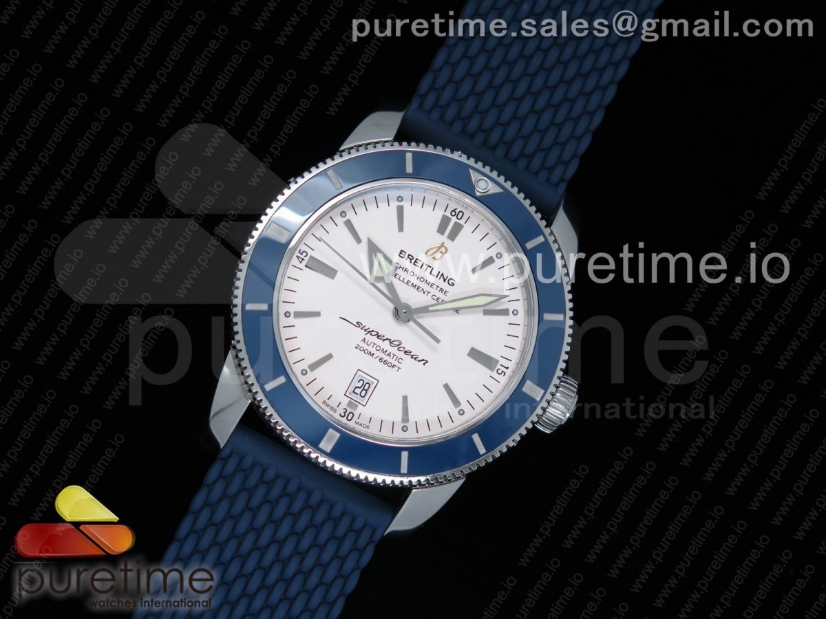 OM공장 브라이틀링 슈퍼오션 헤리티지2 스틸 화이트다이얼 블루베젤 러버스트랩 SuperOcean Heritage ii 42mm SS White Dial Blue Bezel on Blue Rubber Strap A2824 (Free Rubber Strap)