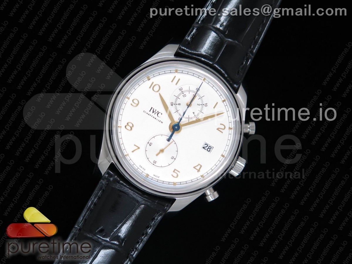 YL공장 IWC 포르투기저 크로노 클래식 42 화이트다이얼 골드인덱스 가죽스트랩  IWC Portugieser Chrono Classic 42 IW3903 White Dial Gold Markers on Black Leather Strap A7750