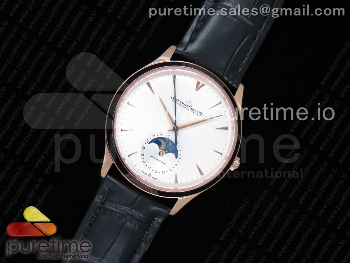 VF공장 예거르쿨트르 마스터 울트라씬 문페이즈 로즈골드 화이트다이얼 Master Ultra Thin Moon 1368420 RG White Dial on Black Leather Strap A925 V2