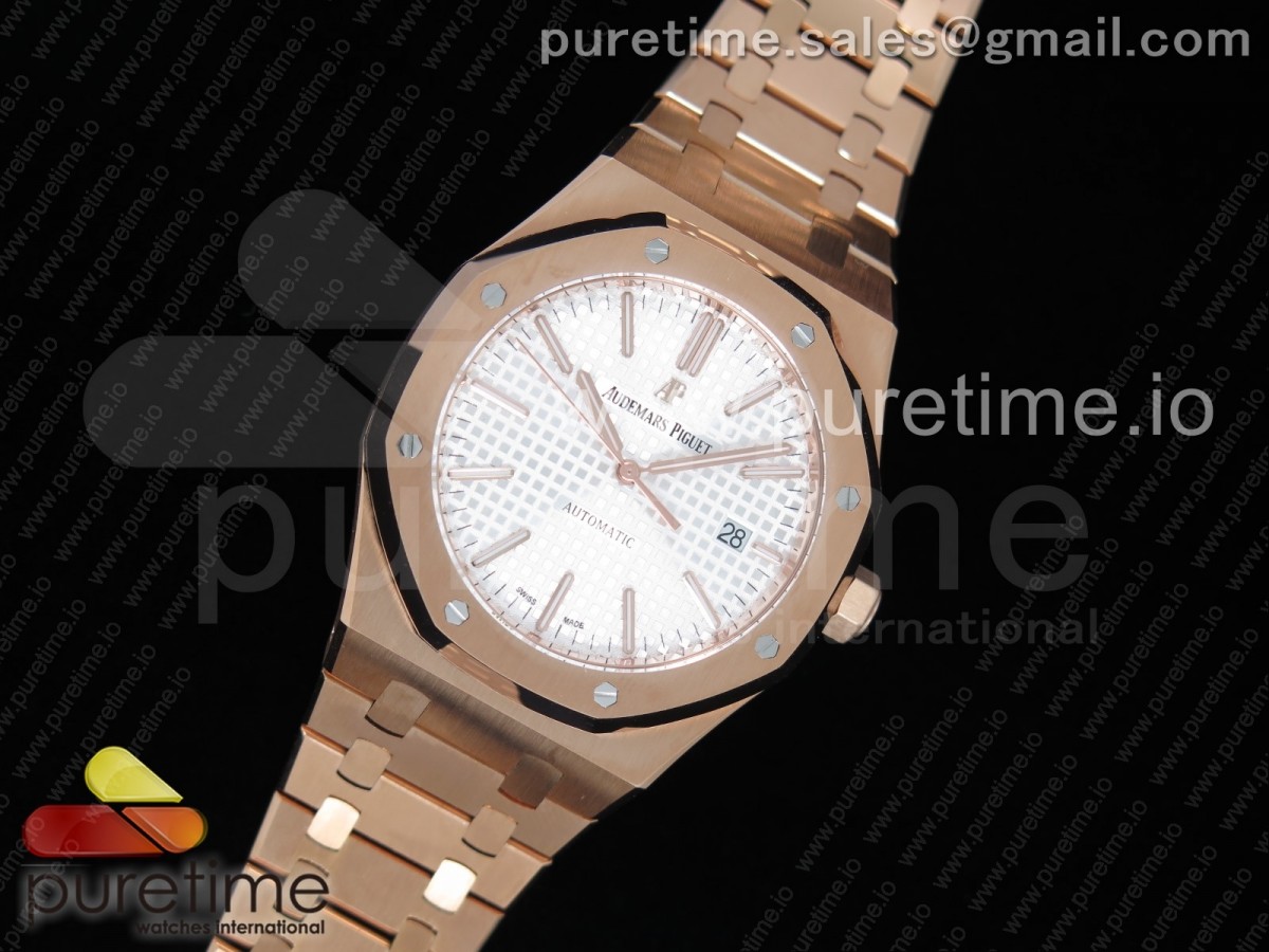 JF공장 V5 오데마피게 로얄오크 15400 로즈골드 금통 화이트다이얼 브레이슬릿 Royal Oak 41mm 15400 RG White Textured Dial on RG Bracelet A3120 V5