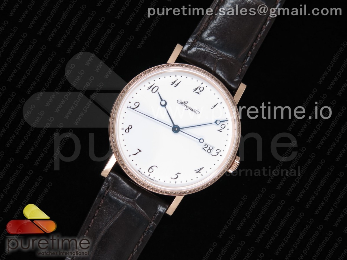 FK공장 브레게 클래식 5177 로즈골드 금통 화이트다이얼 다이아몬드베젤 가죽스트랩 Classique Auto 5177 RG White Dial Diamonds Bezel on Brown Leather Strap MIYOTA 9015 V2