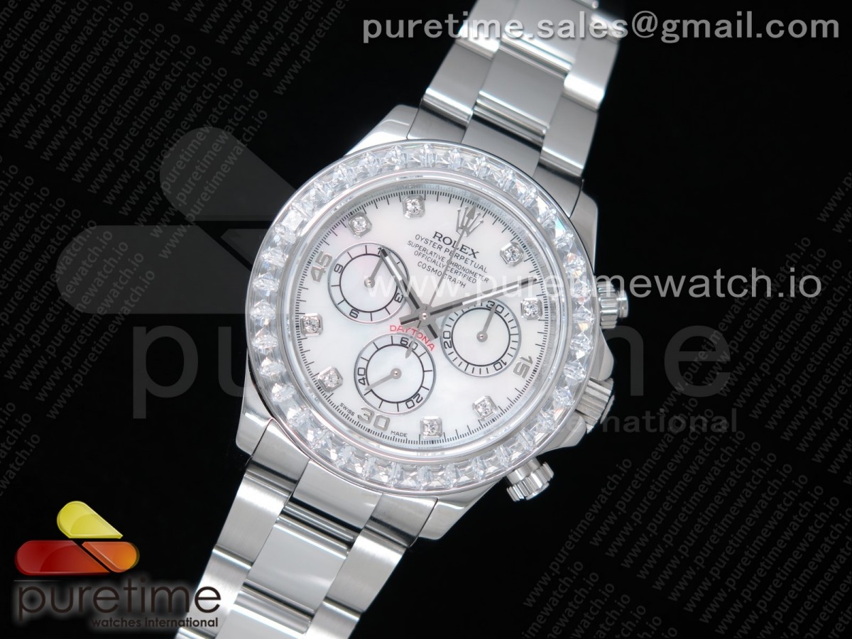 JH공장 데이토나 자개다이얼 브레이슬릿 Daytona SS White Dial Diamonds Bezel on SS Bracelet A4130