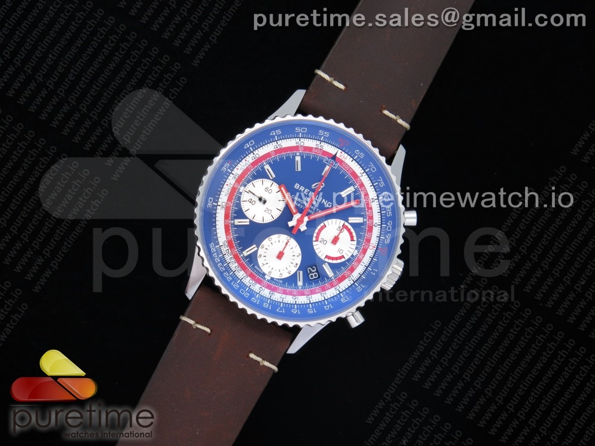 V9공장 브라이틀링 내비타이머 크로노 블루다이얼 가죽스트랩 Navitimer B01 Chronograph 43 Blue Dial on Brown Leather Strap A7750