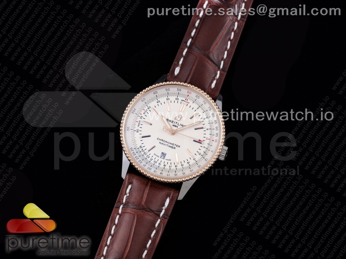 V7공장 브라이틀링 내비타이머 로골 화이트다이얼 가죽스트랩 Navitimer 1 SS 41mm RG Bezel White Dial on Brown Leather Strap A2824