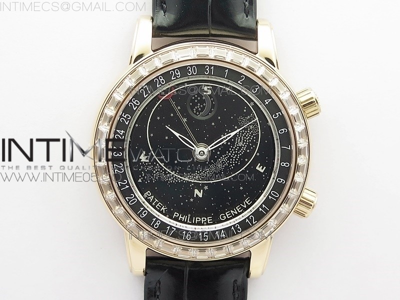 AI공장 파텍 6104P 문 로골 블랙다이얼 가죽스트랩 6104P Moon RG AIF Black Dial Diamond Bezel on Black Leather Strap A240