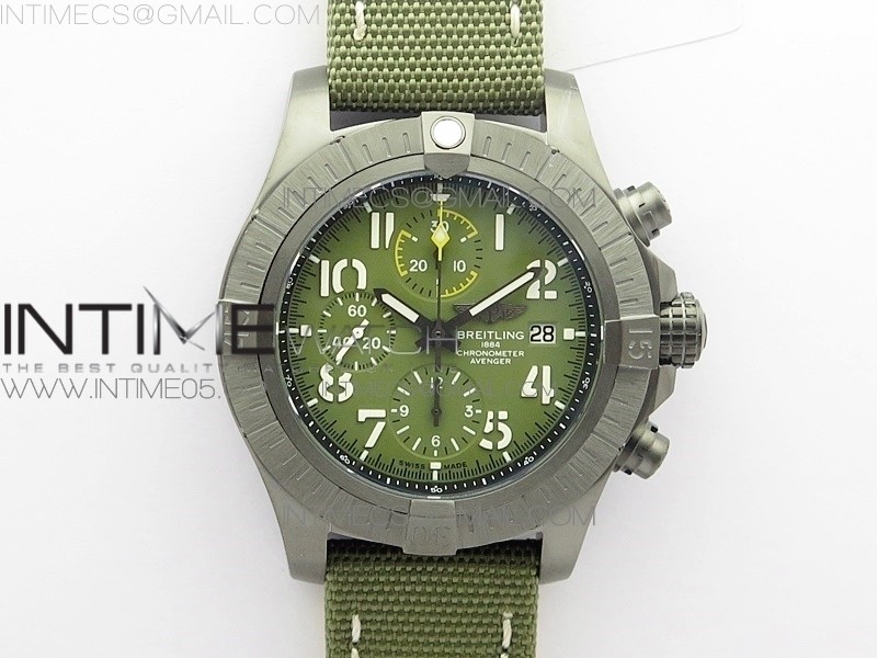 브라이틀링 어벤져 밴디트 티타늄 DLC 그린다이얼 나일론 스트랩 Avenger Bandit V13317 Titanium DLC B50 Best Edition Green Dial Numbers Makers on Green Nylon strap A7750