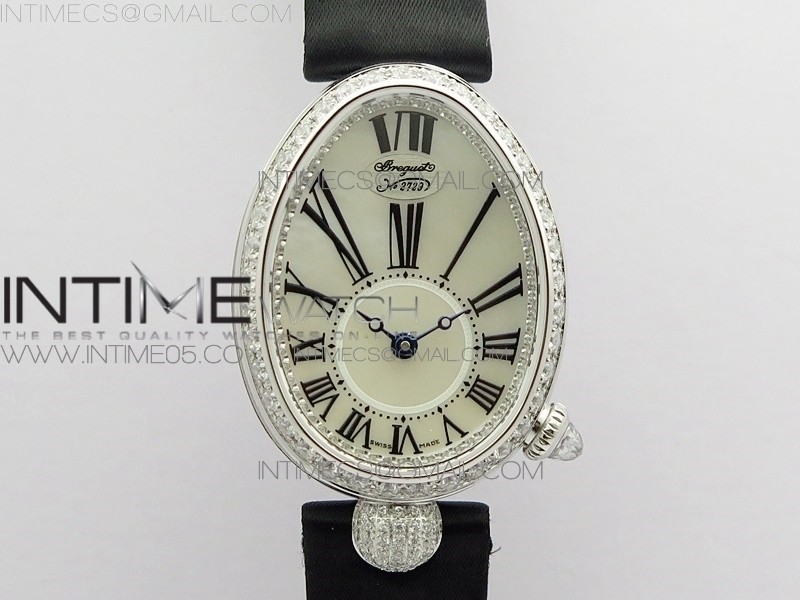 ZF공장 브레게 네이플 33MM 자개다이얼 패블릭스트랩 Reine de Naples 8928BB 33mm SS ZF 1:1 Best Edition White MOP Dial Roman Markers Diamonds Bezel on Black Fabric Strap A537