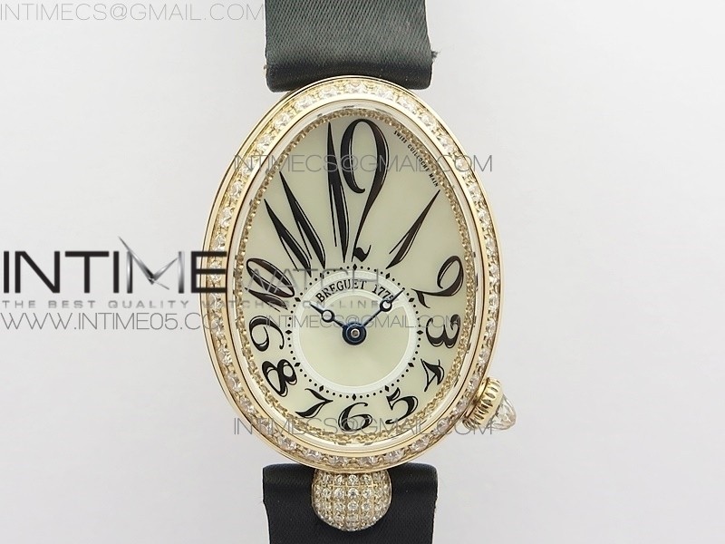 ZF공장 브레게 네이플 33MM 로골 자개다이얼 패블릭스트랩 Reine de Naples 8928BB 33mm RG ZF 1:1 Best Edition White MOP Dial Numeral Markers Diamonds Bezel on Black Fabric Strap A537