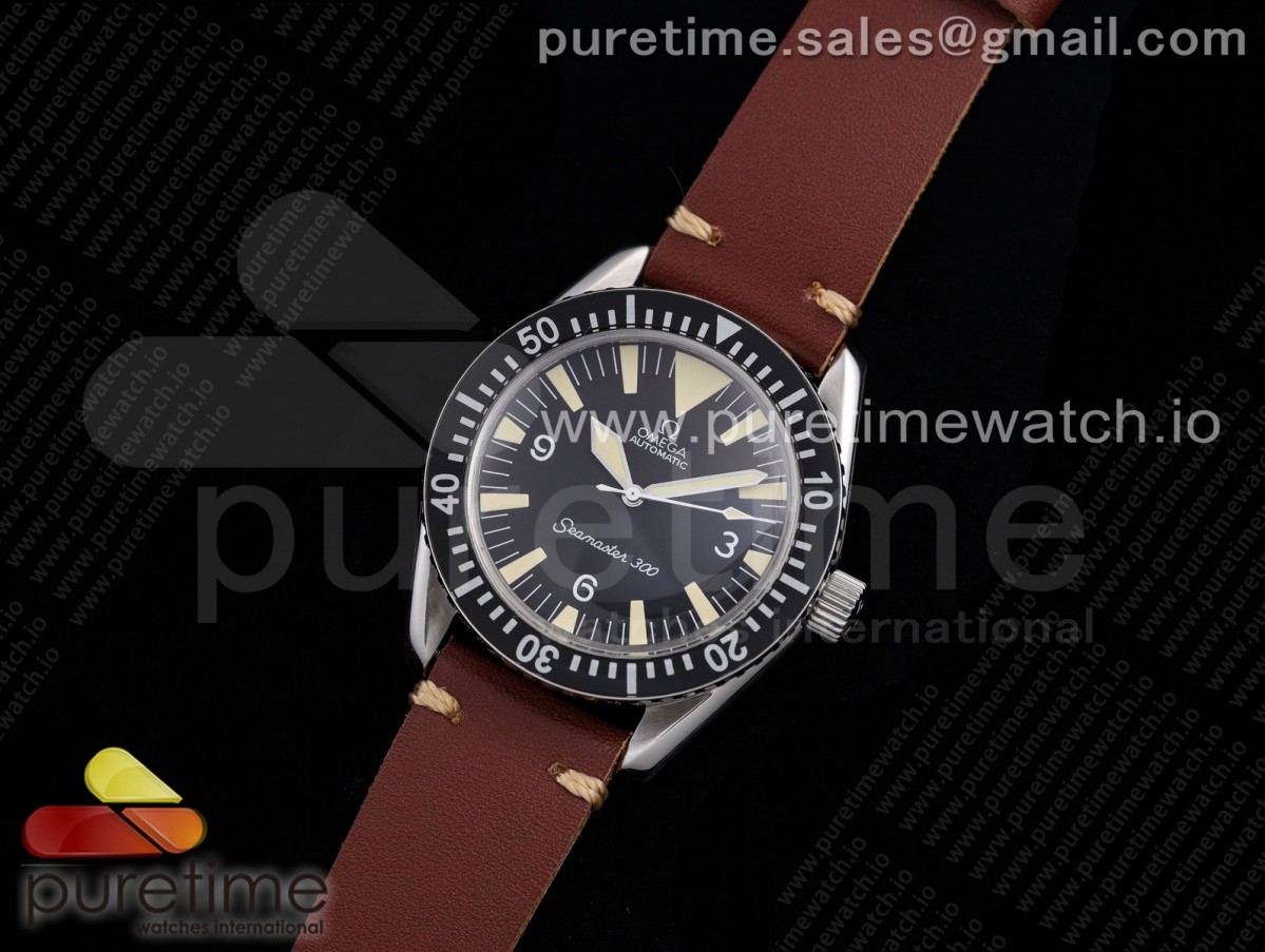 OX공장 오메가 빈티지 씨마스터 300 블랙다이얼 가죽스트랩 Vintage Seamaster 300 OXF Best Edition Black Dial on Brown Leather Strap A2836 Style 1