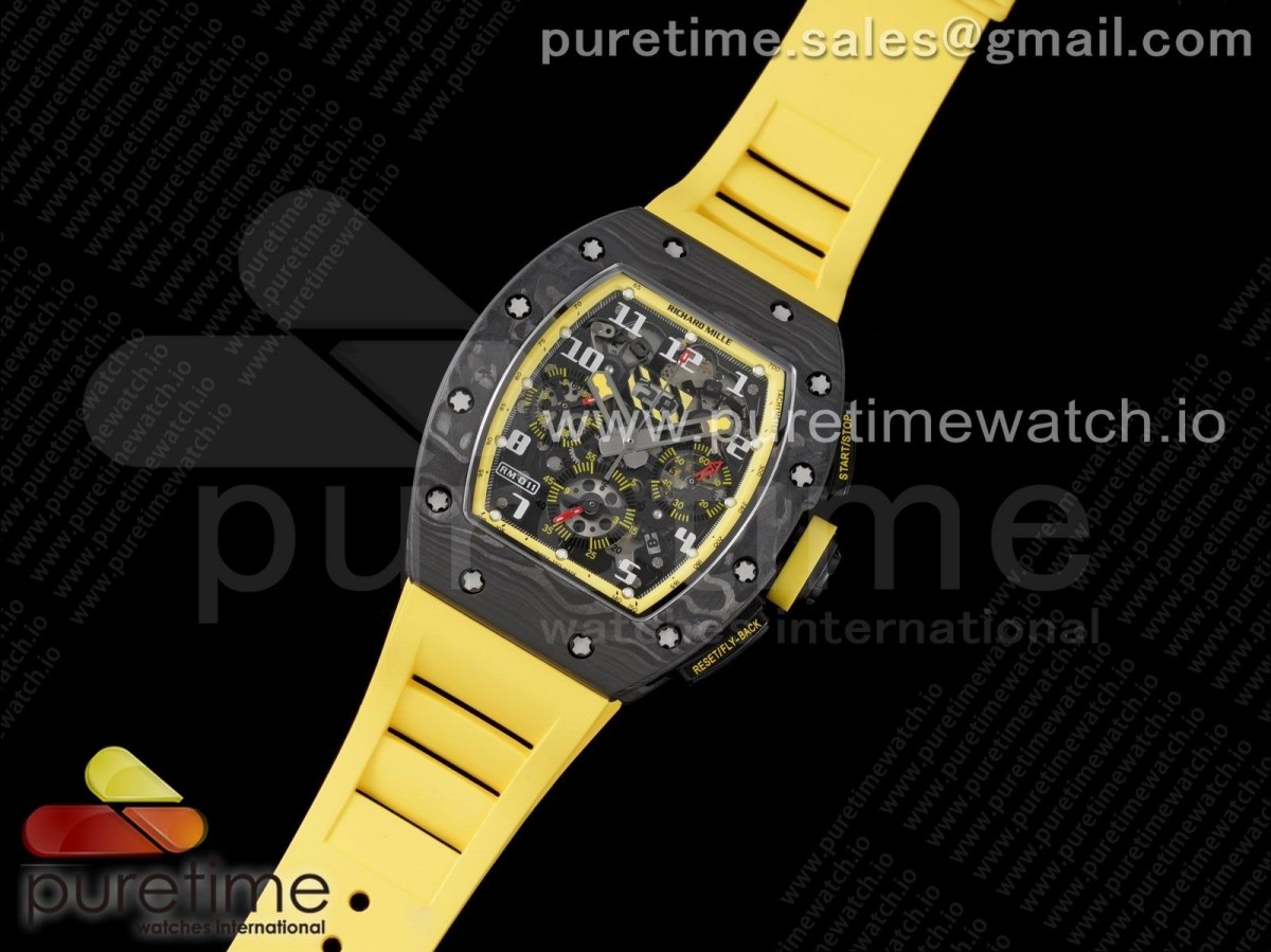 KU공장 RM011 카본 스켈레톤다이얼 러버 RM011 NTPT Carbon Chrono Crystal Skeleton Dial Yellow Inner Bezel on Yellow Rubber Strap A7750