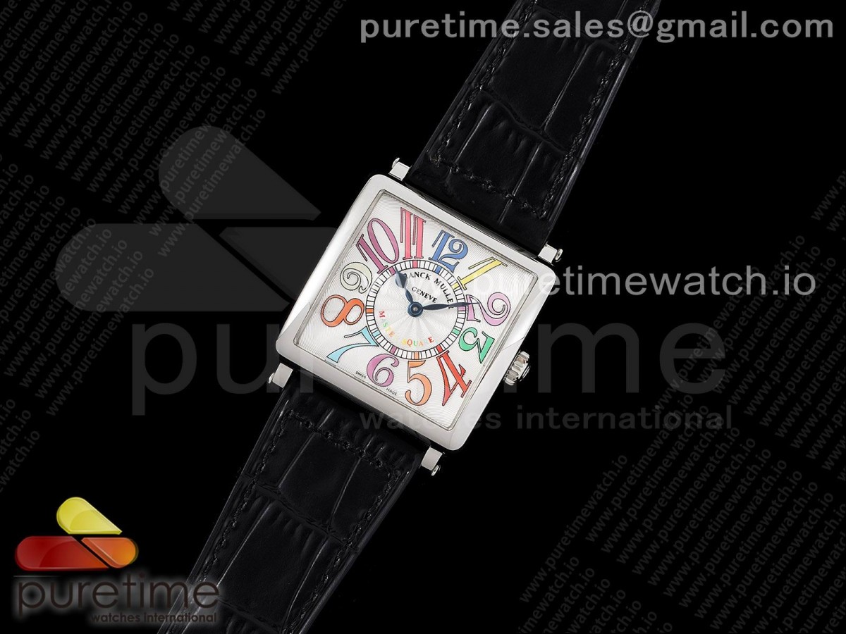 ZF공장 마스터스퀘어 화이트다이얼 가죽스트랩 Master Square SS Ladies ZF 1:1 Best Edition White Colorful Arabic Dial on Black Leather Strap Ronda Quartz