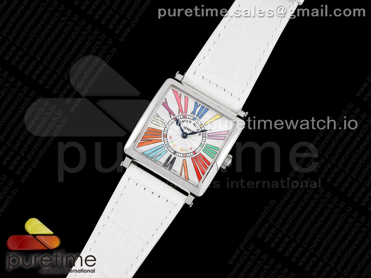 ZF공장 마스터스퀘어 화이트다이얼 가죽스트랩 Master Square SS Ladies ZF 1:1 Best Edition White Colorful Roman Dial on White Leather Strap Ronda Quartz