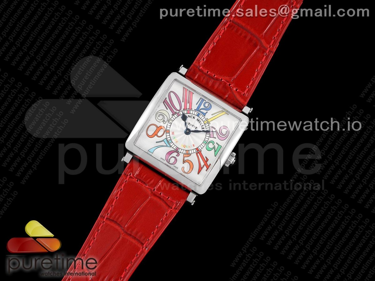 ZF공장 마스터스퀘어 화이트다이얼 가죽스트랩 Master Square SS Ladies ZF 1:1 Best Edition White Colorful Arabic Dial on Red Leather Strap Ronda Quartz