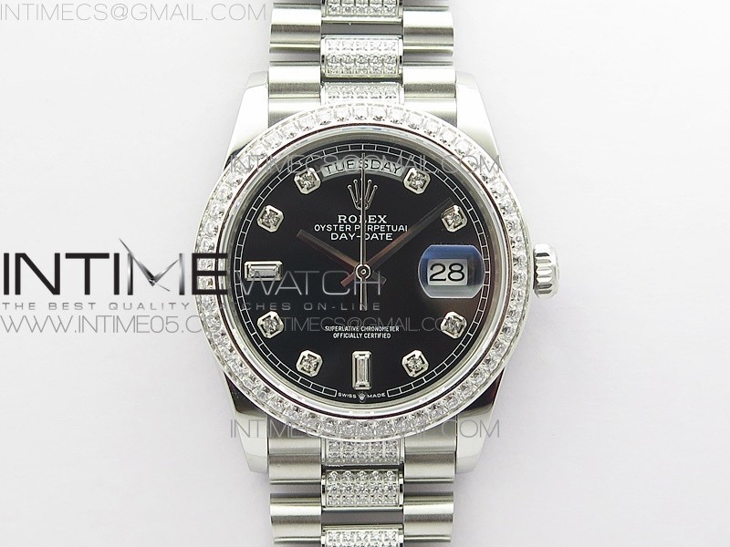 BP공장 롤렉스 데이데이트 36미리 블랙다이얼 2836 Day-Date 36 128239 SS/Crystal BP Best Edition Black Crystal Markers Dial on SS President Bracelet A2836