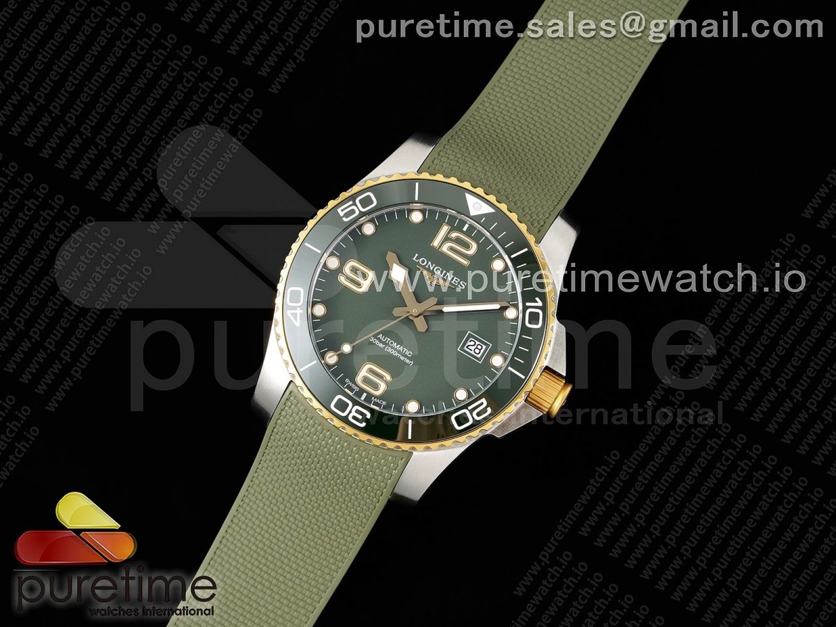 ZF공장 론진 하이드로콘퀘스트 옐로우골드콤비 그린다이얼 러버스트랩 Conquest SS/YG Green Ceramic Bezel SS ZF 1:1 Best Edition Green Dial on Green Rubber Strap A2824