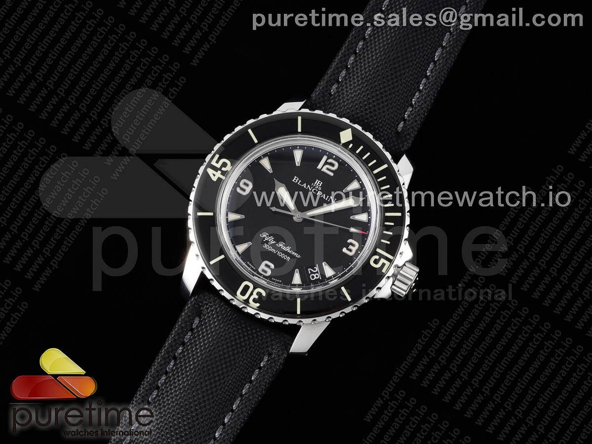 NTF공장 블랑팡 피프티패덤즈 스틸 블랙다이얼 패브릭스트랩 Fifty Fathoms SS Black NTF 1:1 Best Edition Black Dial on Sail-canvas Strap A2836