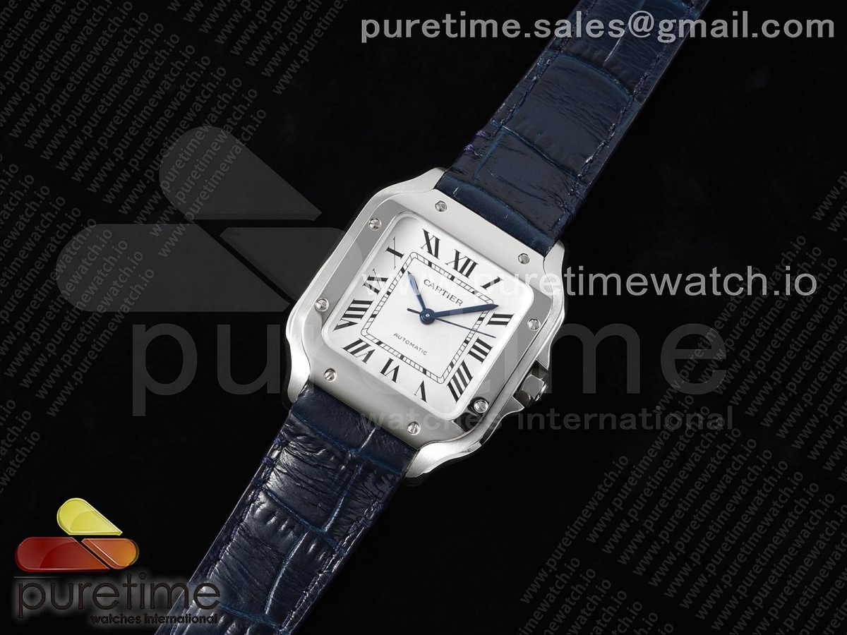 3K공장 까르띠에 산토스 미디움 35 스틸 화이트다이얼 가죽스트랩 Santos de Cartier 35mm 3KF 1:1 Best Edition White Dial on Blue Leather Strap MIYOTA 9015