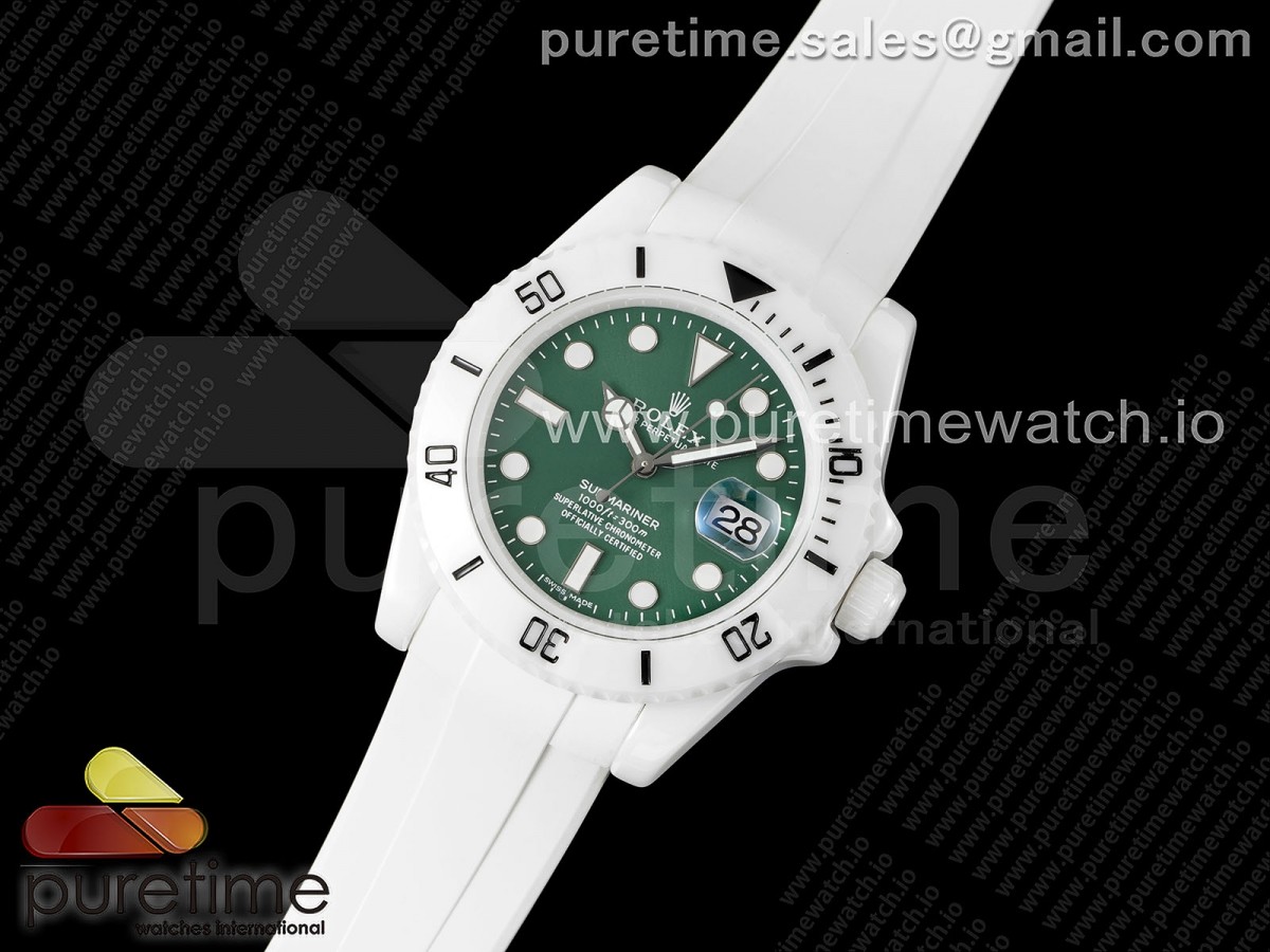 5G공장 롤렉스 커스텀 서브마리너 40 풀세라믹 그린다이얼 러버스트랩 Submariner 40mm White Ceramic 5GF Best Edition Green Dial on White Rubber Strap SA3135