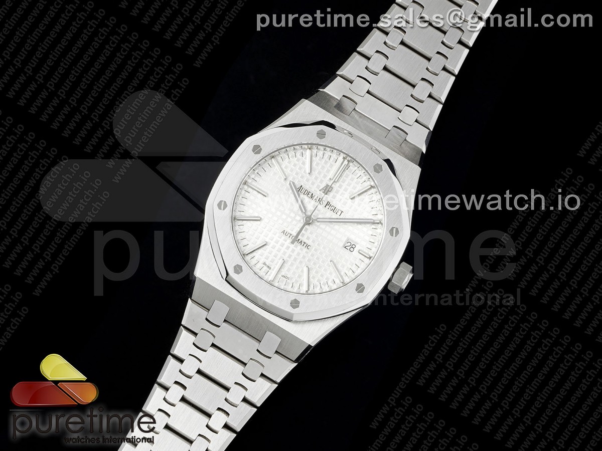 RSF공장 오데마피게 로얄오크 15400 스틸 실버다이얼 브레이슬릿 화이트 Royal Oak 41mm 15400 SS RSF 1:1 Best Edition White Textured Dial on SS Bracelet A3120 Super Clone